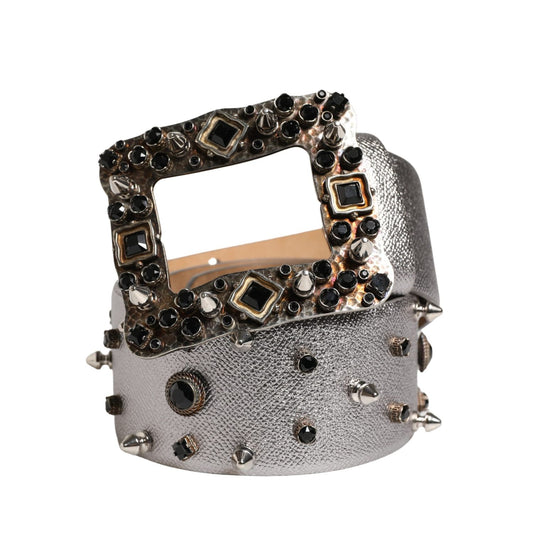 Dolce & Gabbana Silver Leather Crystal Metal Buckle Belt