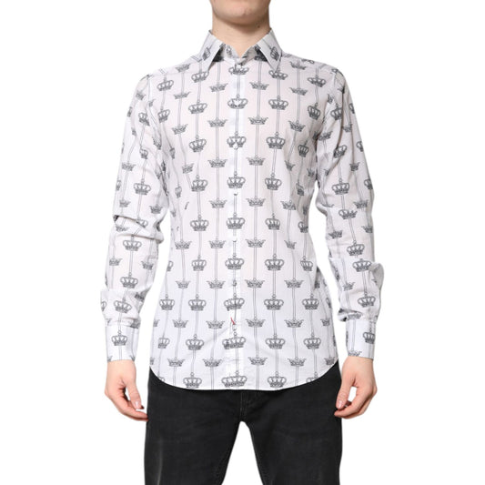 Dolce & Gabbana White GOLD Crown Cotton Dress Formal Shirt
