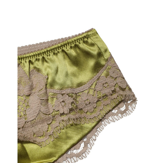 Dolce & Gabbana Underwear Green Silk Satin Floral Lace Panty Brief