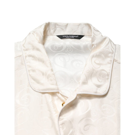 Dolce & Gabbana White Silk Long Sleeve Tonal Logo Print Shirt