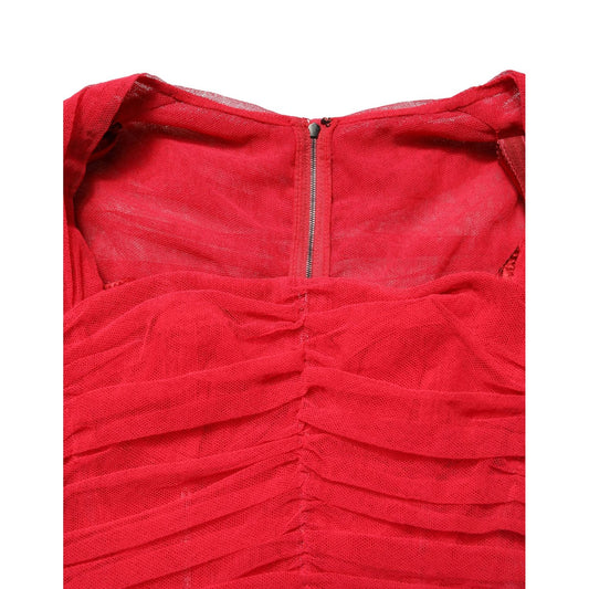 Dolce & Gabbana Red Cotton Ruched Stretch Tulle Midi Dress