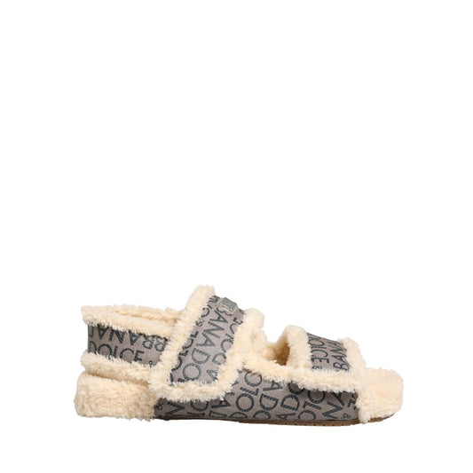 Dolce & Gabbana Beige Faux Fur Logo Print Flats Sandals Shoes