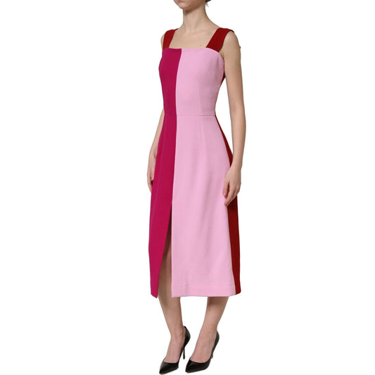 Dolce & Gabbana Two Tone Pink Wool Sleeveless Midi Dress