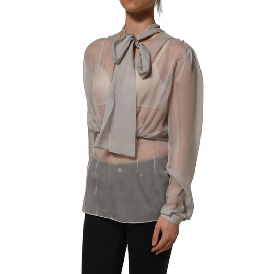Dolce & Gabbana Gray Sheer Silk Chiffon Shirt Bow Collar Top