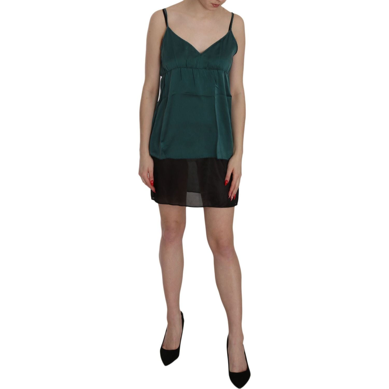 PINK MEMORIES Silk Green Spaghetti Strap Shift Mini Dress
