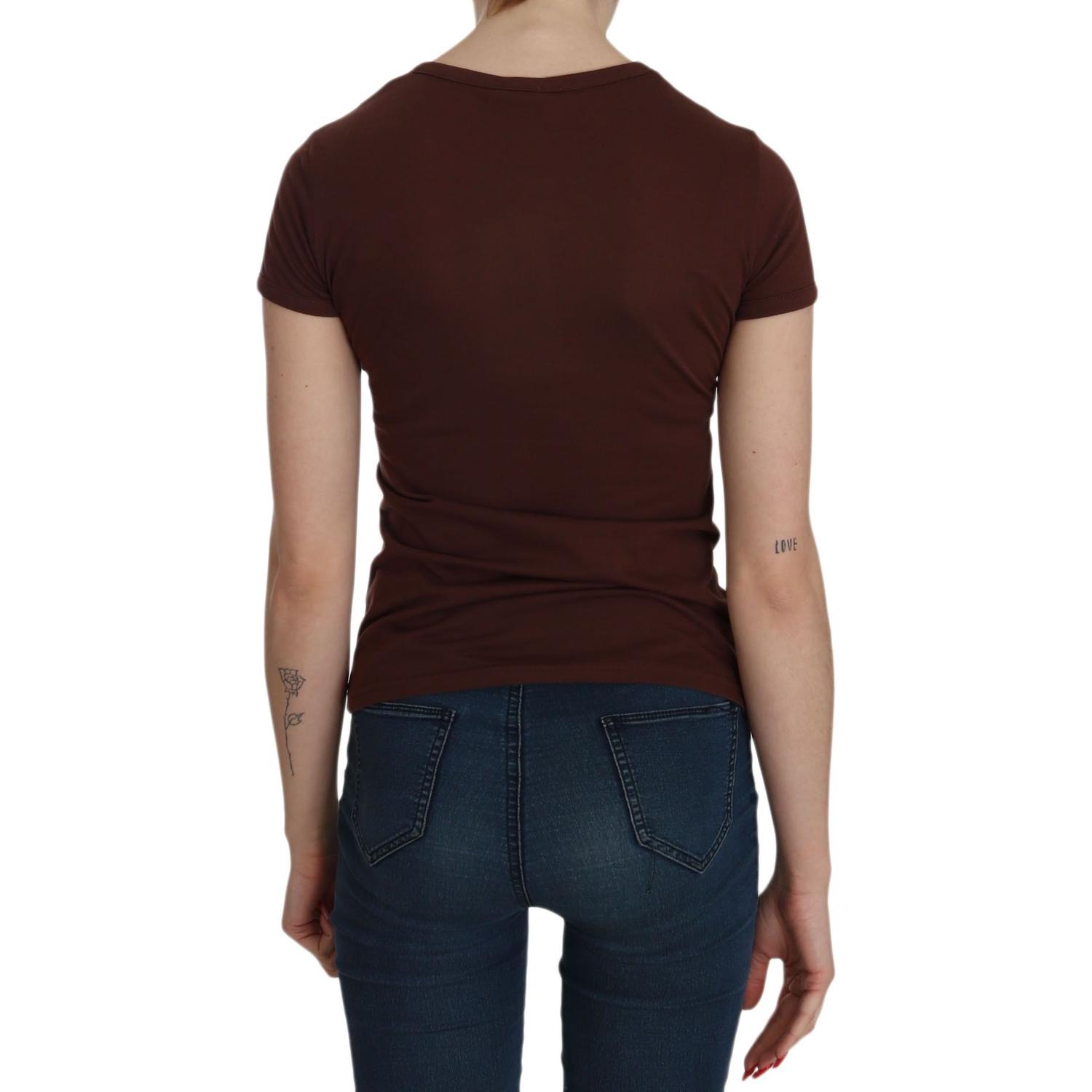 Exte Brown Heart Print Crew Neck T-shirt Short Sleeve Blouse