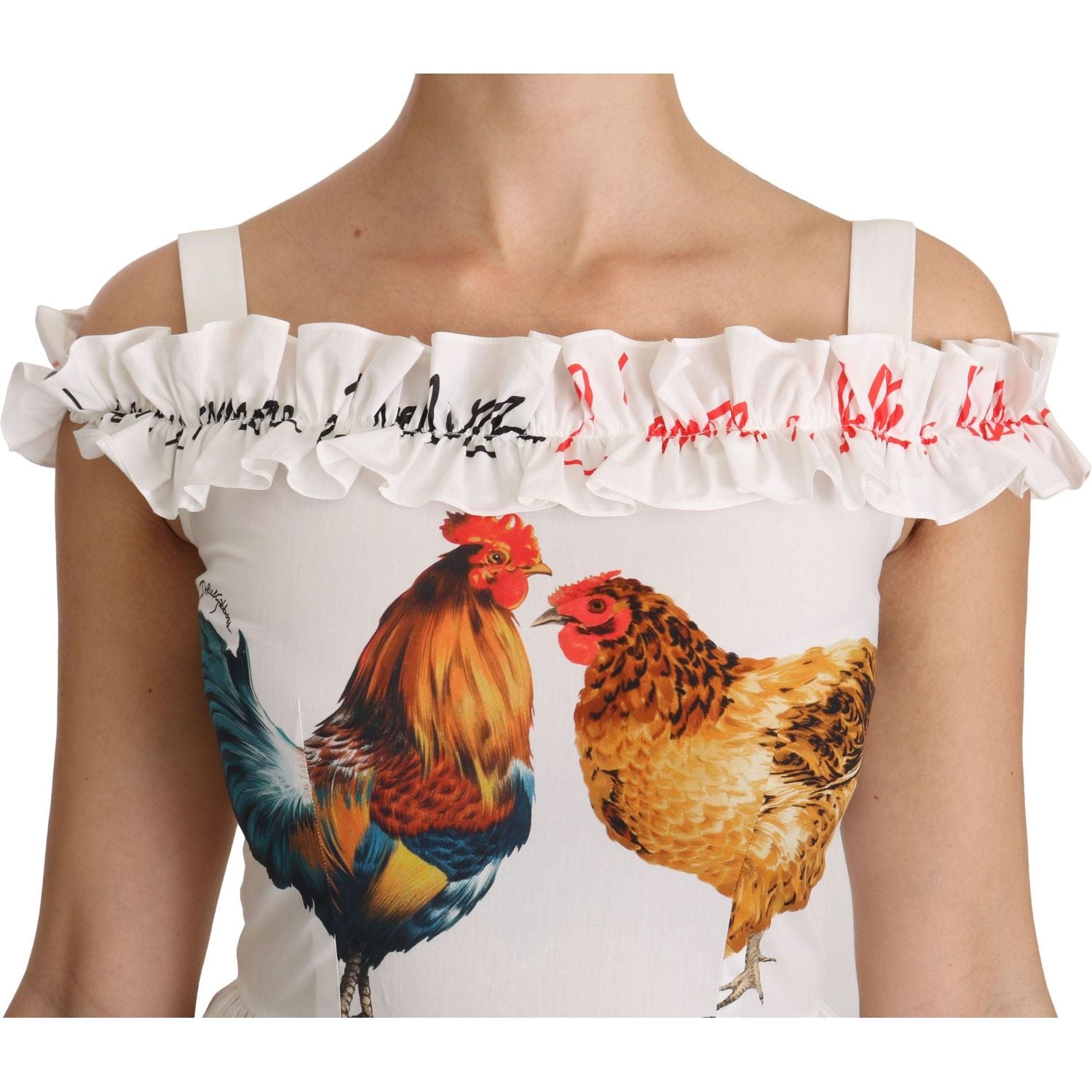 Dolce & Gabbana White Rooster Sheath Midi Cotton Dress