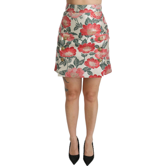 Dolce & Gabbana White Green Red Floral High Waist Mini Skirt SKI1340-36