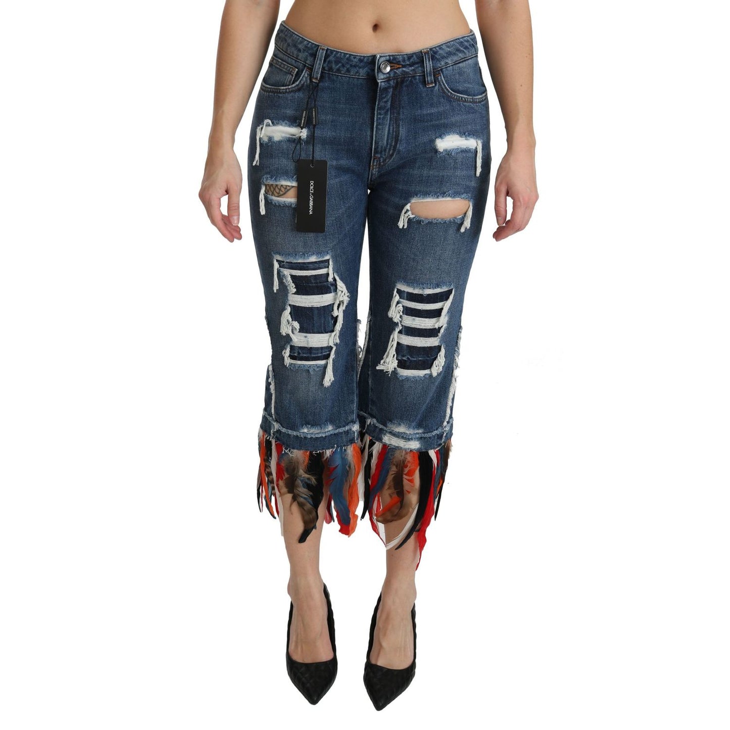 Dolce & Gabbana Blue Feathers Low Waist Cropped Cotton Jeans
