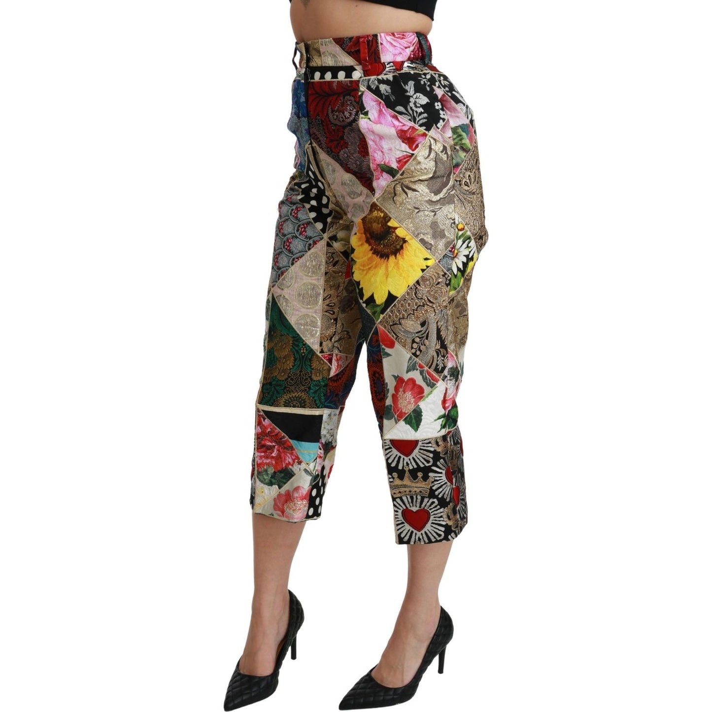 Dolce & Gabbana Silk Multicolor Print High Waist Cropped Pants