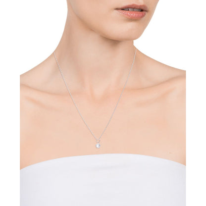 Elegant lady wearing VICEROY JEWELS Mod. 13014C000-30 silver necklace with a quartz analog pendant, displayed in official packaging.
