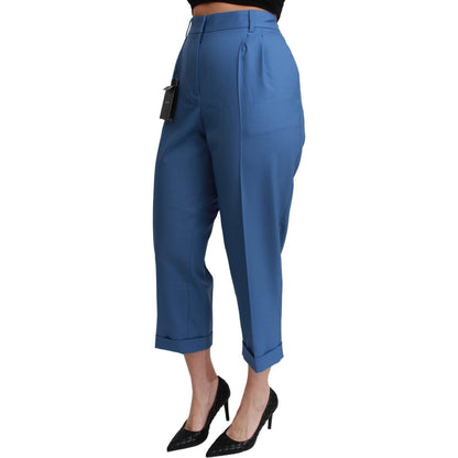 Dolce & Gabbana Blue Pleated Wool Cuffed Cropped Trouser Pants