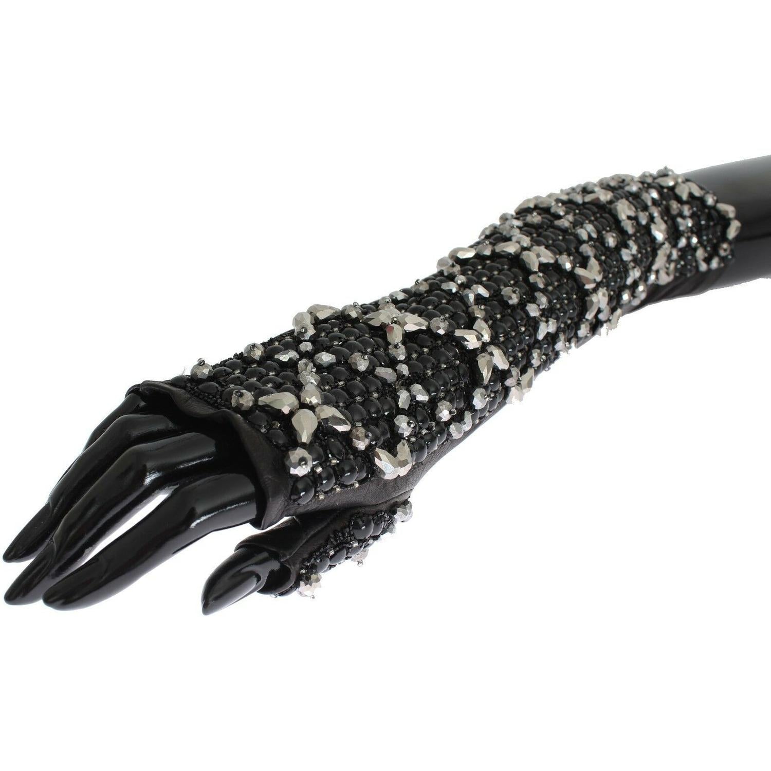 Dolce & Gabbana Black Leather Crystal Beaded Finger Free Gloves