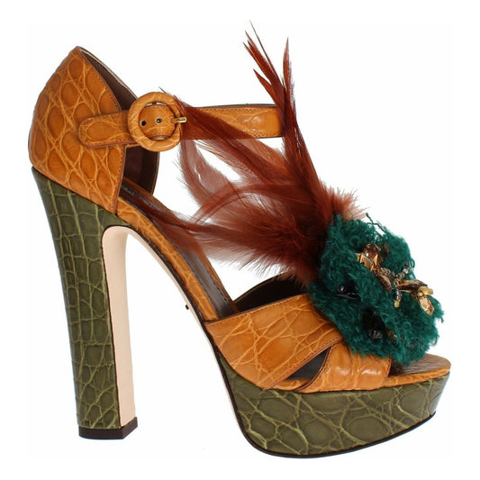 Dolce & Gabbana Orange Leather Crystal Platform Sandal Shoes LA1119-36