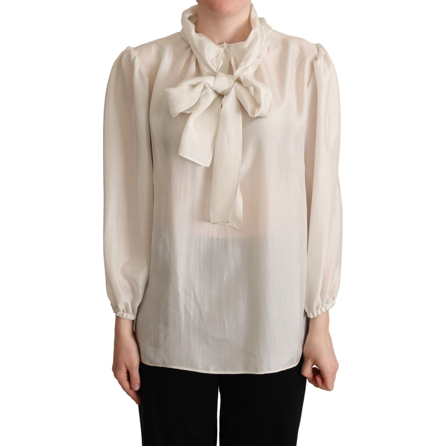Dolce & Gabbana Light Gray Ascot Collar Shirt Silk Blouse Top