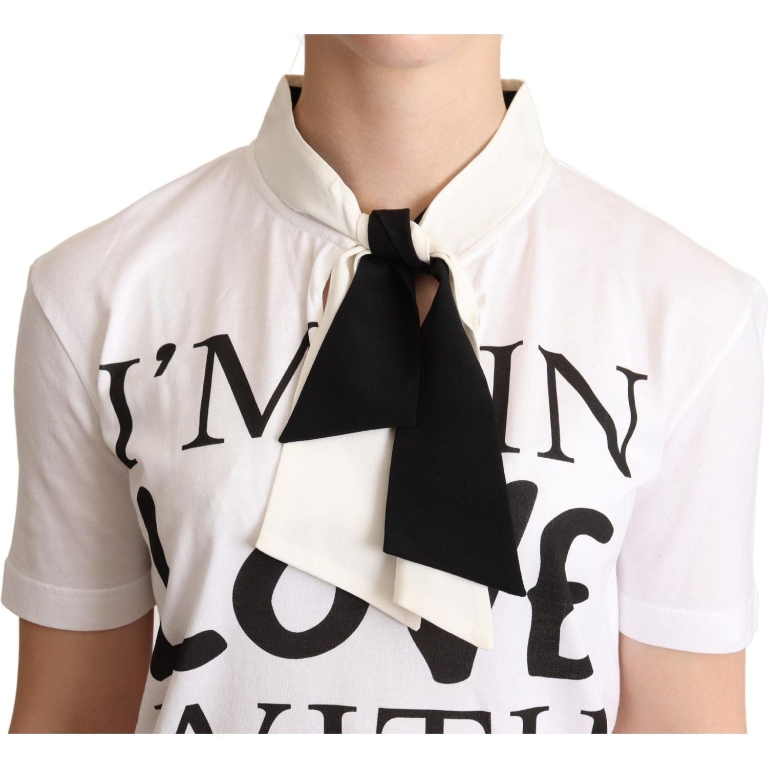 Dolce & Gabbana White Cotton Silk Blend Ascot Collar T-shirt