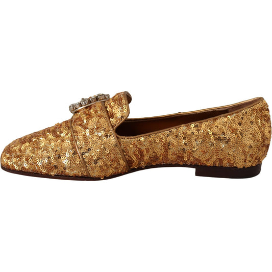 Dolce & Gabbana Gold Sequin Crystal Flat Women Loafers Shoes LA5112 -37