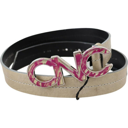 Costume National Beige Leather Pink Letter Logo Buckle Belt WOMAN BELTS