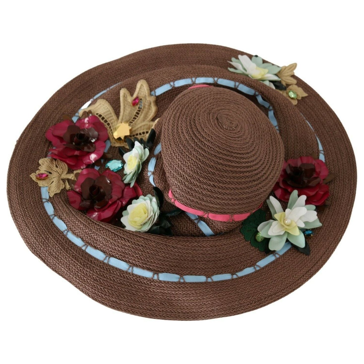 Dolce & Gabbana Brown Knitted Straw Floral Hat WOMAN HATS