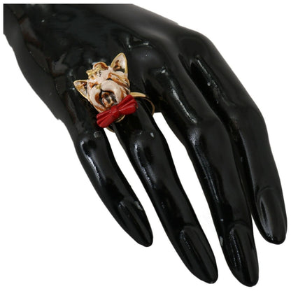 Dolce & Gabbana Beige Dog Pet Branded Accessory Gold Brass Resin Ring Ring