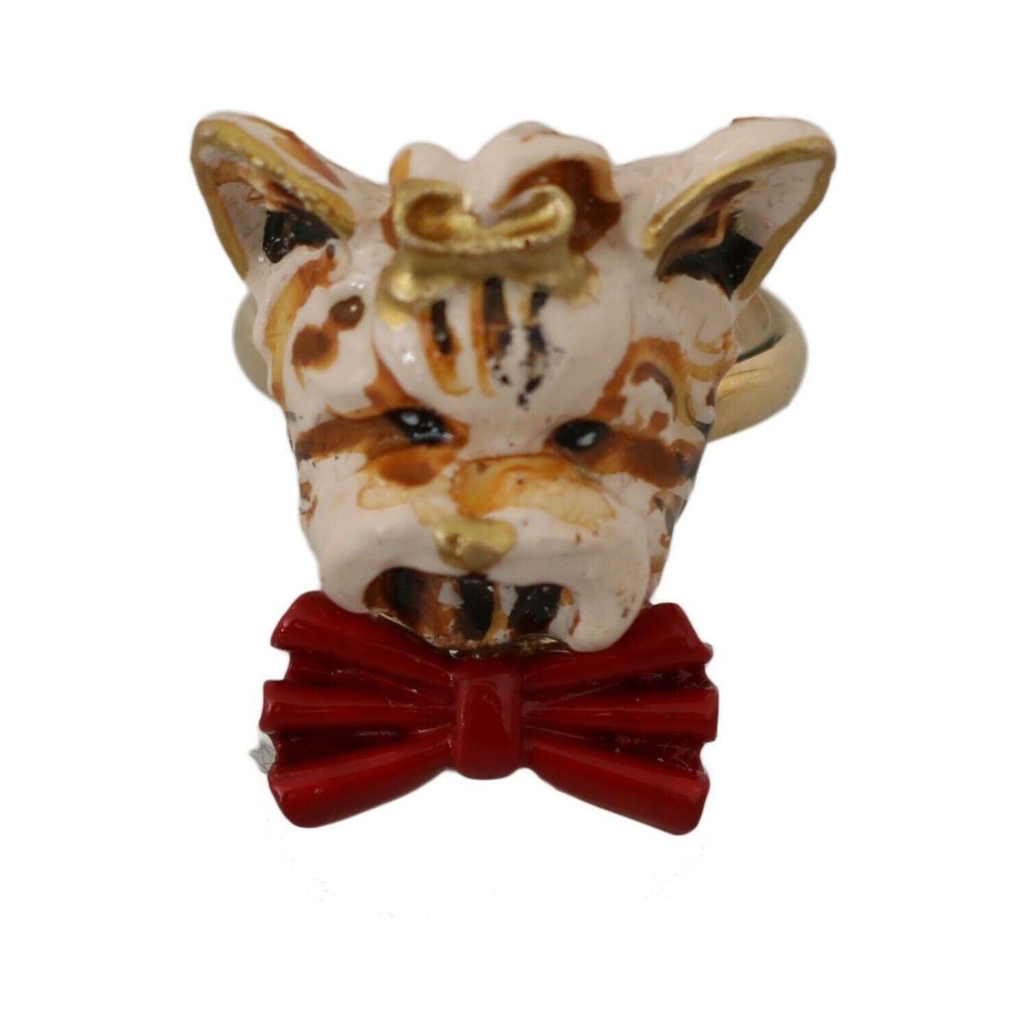 Dolce & Gabbana Beige Dog Pet Branded Accessory Gold Brass Resin Ring Ring