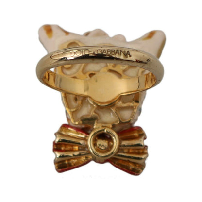 Dolce & Gabbana Beige Dog Pet Branded Accessory Gold Brass Resin Ring Ring