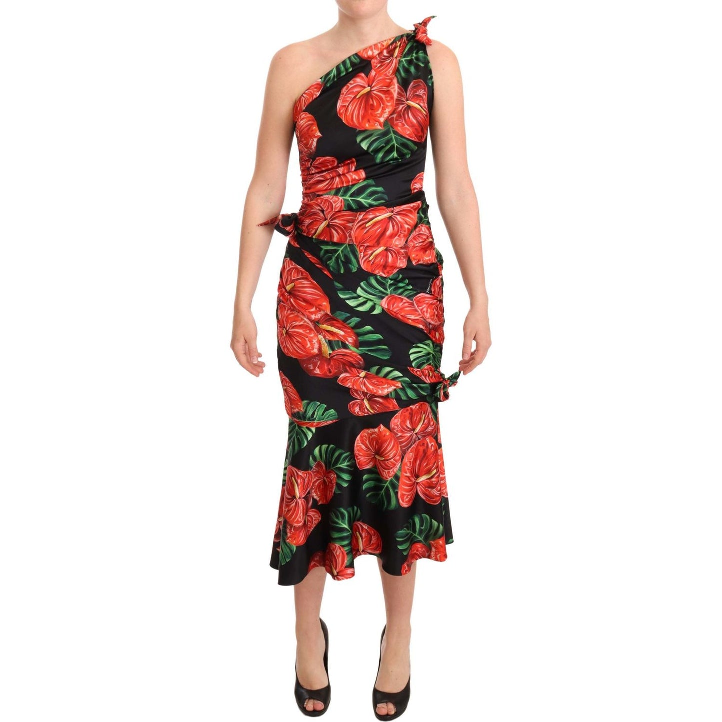 Dolce & Gabbana Black Shiny Silk Floral Print Draped Dress WOMAN DRESSES