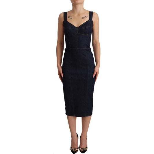 Dolce & Gabbana Dark Blue Cotton Denim Sheath Midi Dress
