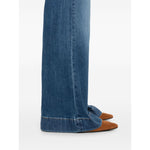 Wide-leg denim Seven Jeans Blue with brown shoes, side view showing detailed stitching and hem.