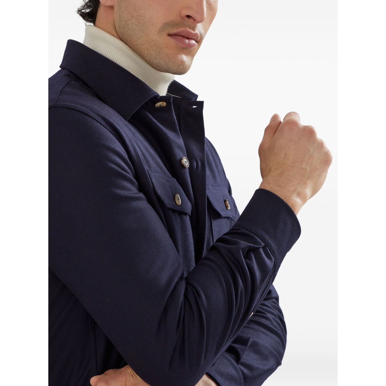 Man wearing Brunello Cucinelli Shirts Blue wool shirt with front button fastening and chest flap pockets.