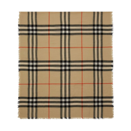 Burberry Check wool scarf with sand beige, black, and red Vintage Check pattern and frayed edges.