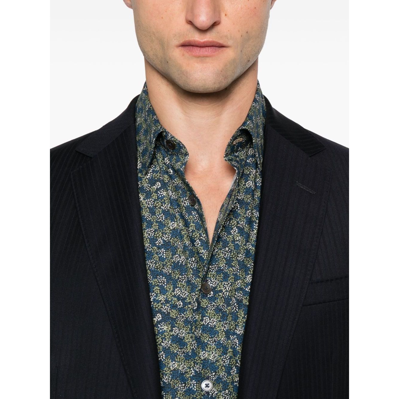 Alt Tag: Paul Smith Shirts MultiColour, teal blue floral print, classic collar, long sleeves, button fastening shirt.