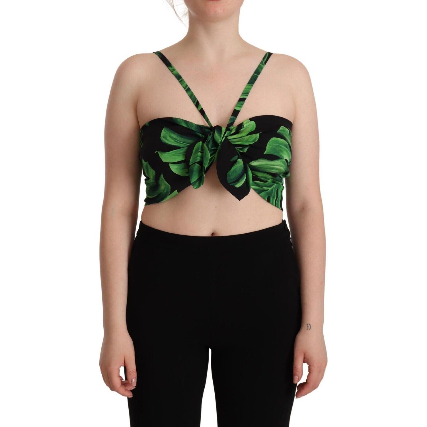 Dolce & Gabbana Black Green Leaf Silk Halter Cropped Top