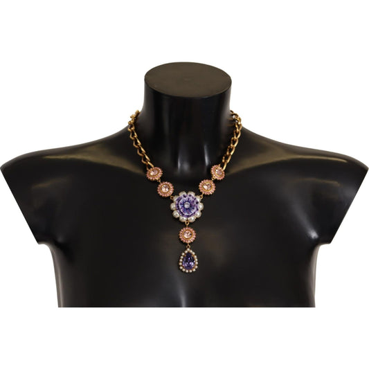 Dolce & Gabbana Gold Brass Crystal Purple Pink Pearl Pendants Necklace SMY100945