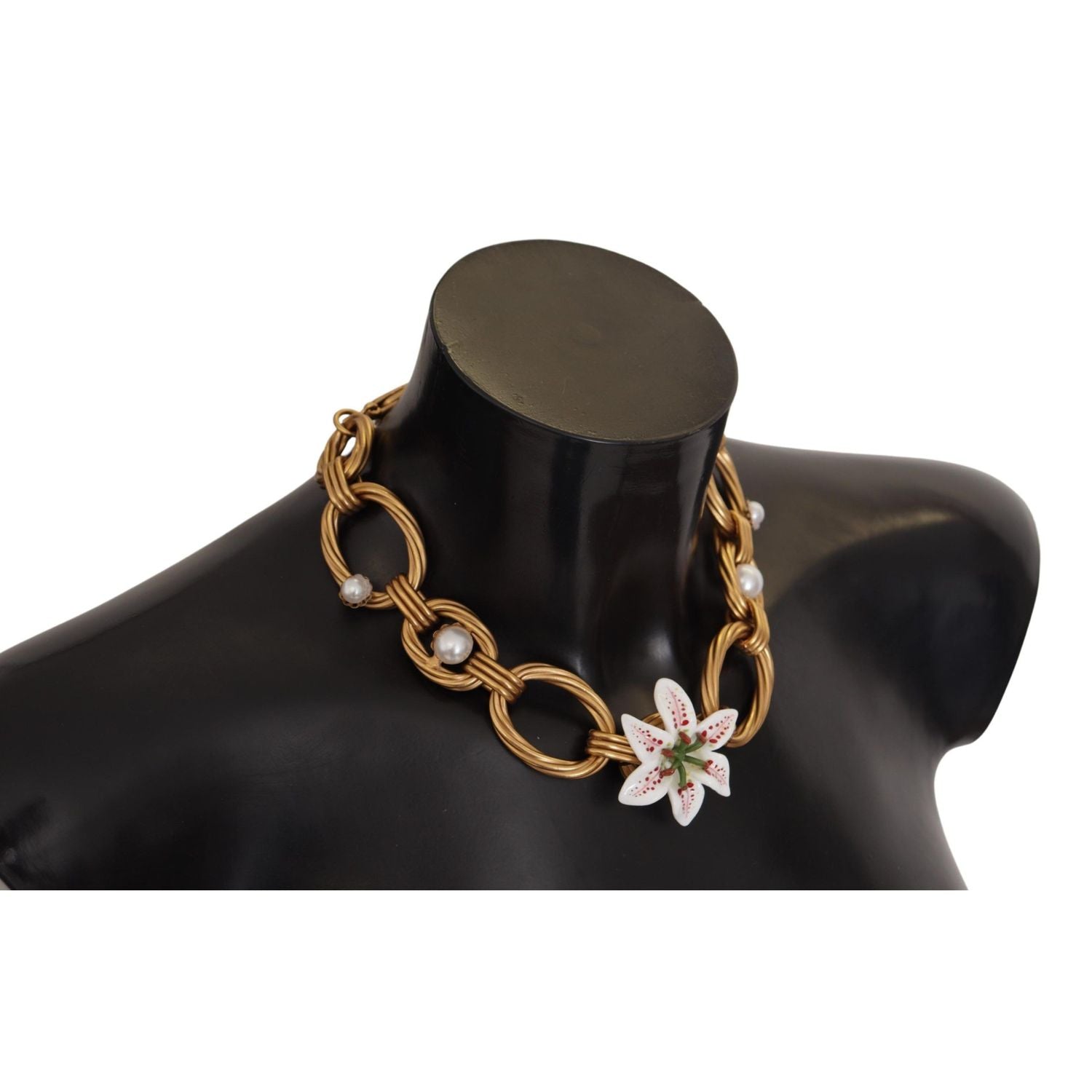 Dolce & Gabbana Gold White Lily Floral Chain Statement Necklace