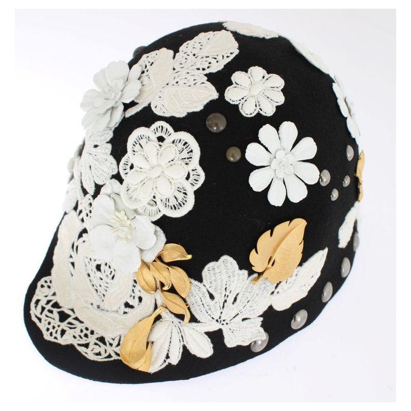 Dolce & Gabbana Black Wool White Floral Gold Leaf Hat