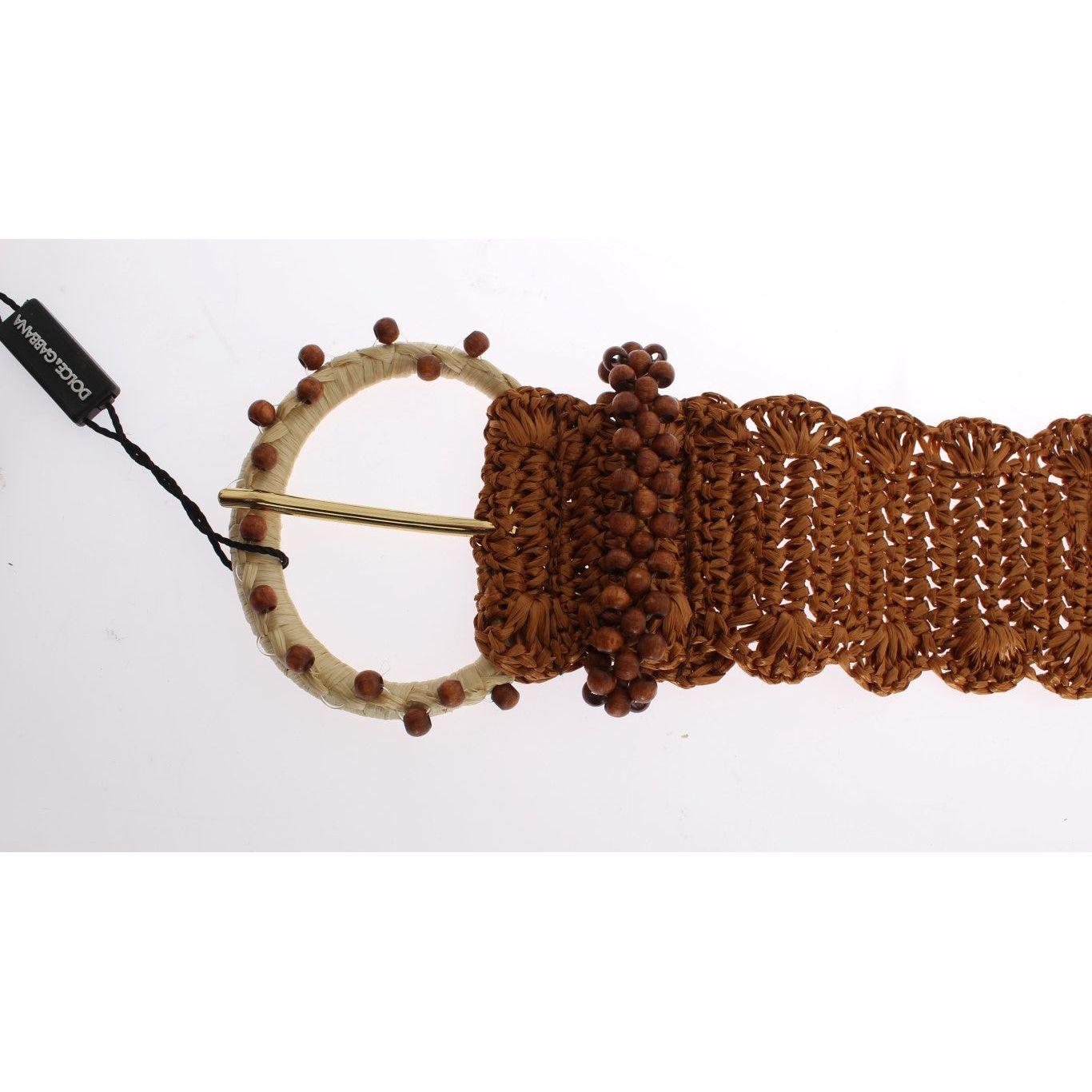 Dolce & Gabbana Brown Raffia Wood Beaded Wide Waist Belt