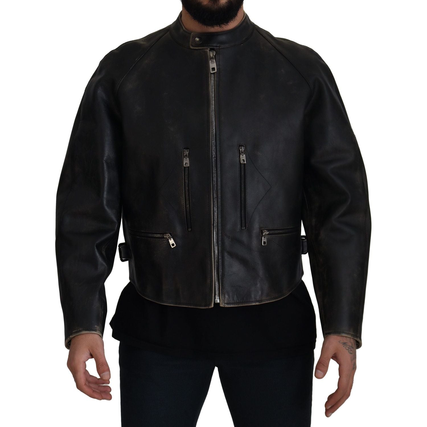 Dolce & Gabbana Black Leather Zipper Biker Coat Jacket