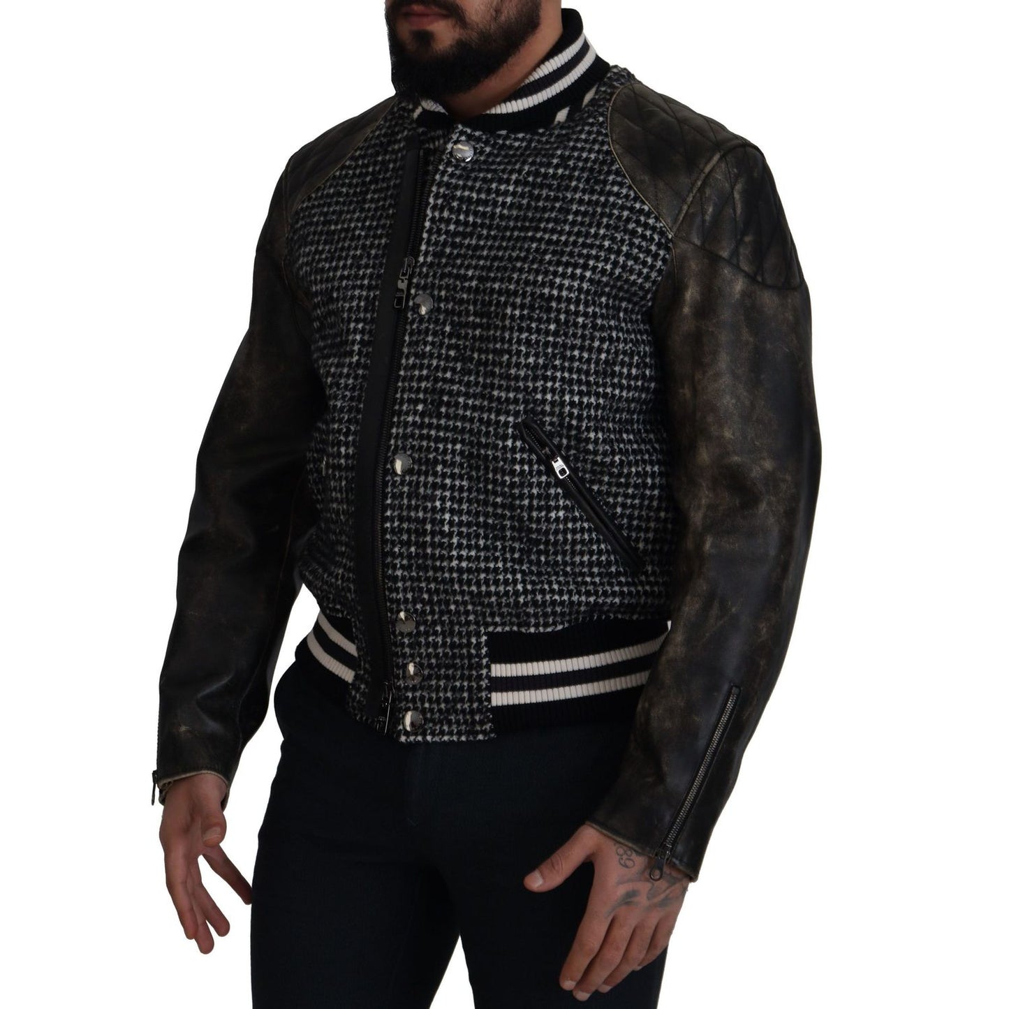 Dolce & Gabbana Dark Gray Houndstooth Polyester Bomber Jacket