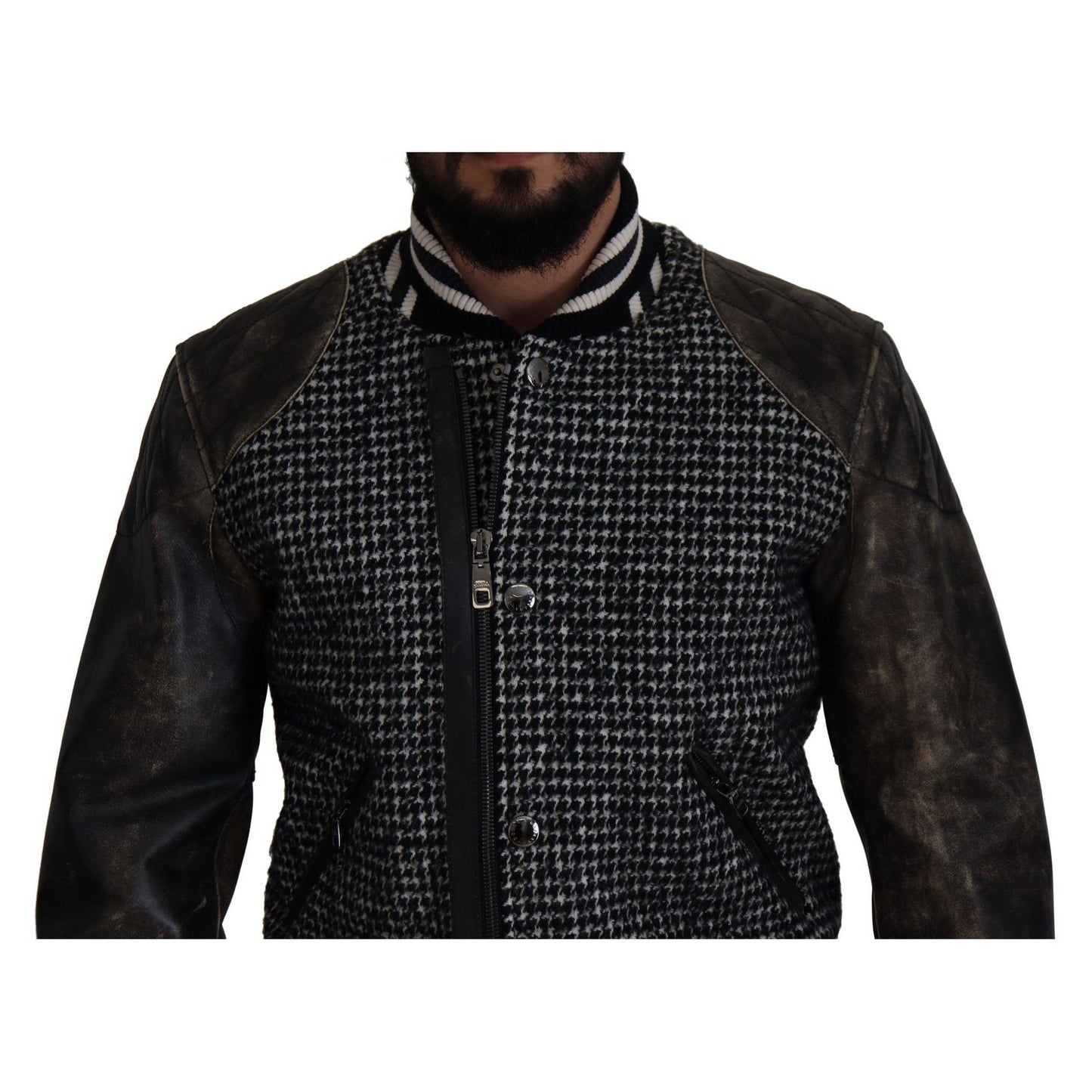 Dolce & Gabbana Dark Gray Houndstooth Polyester Bomber Jacket