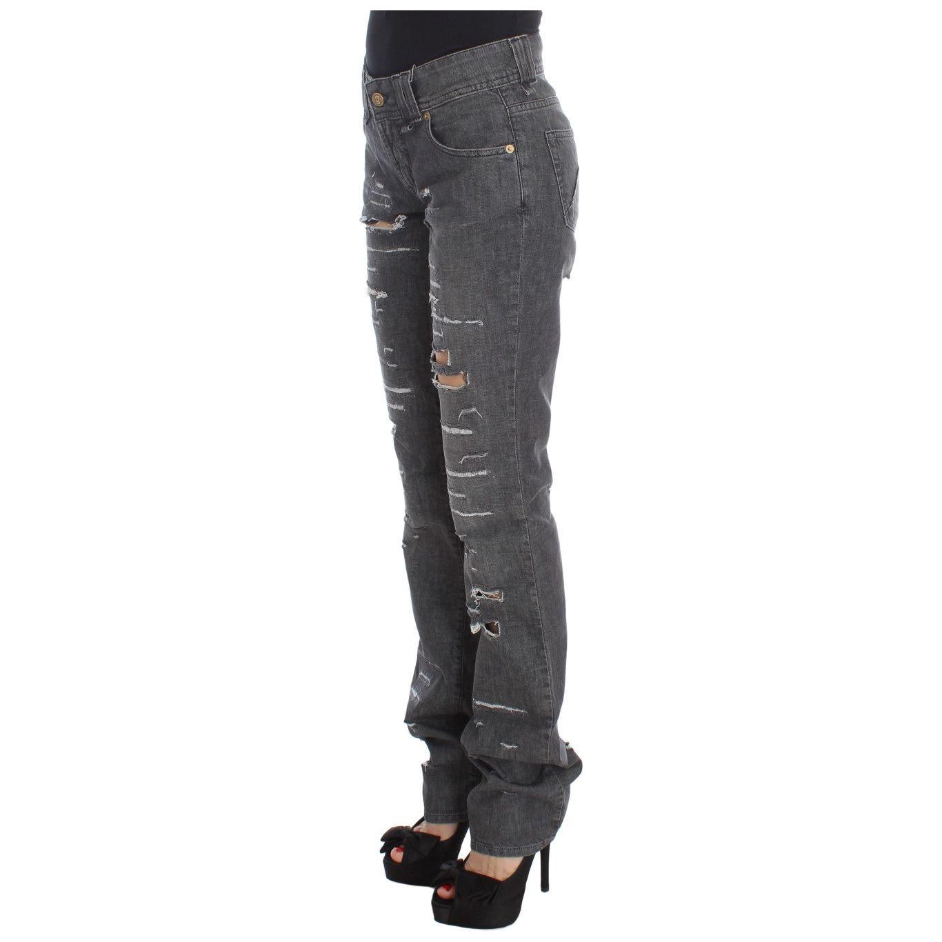 John Galliano Gray Wash Cotton Torn Straight Fit Jeans