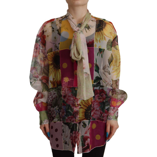 Dolce & Gabbana Multicolor Ascot Collar Patchwork Blouse Top