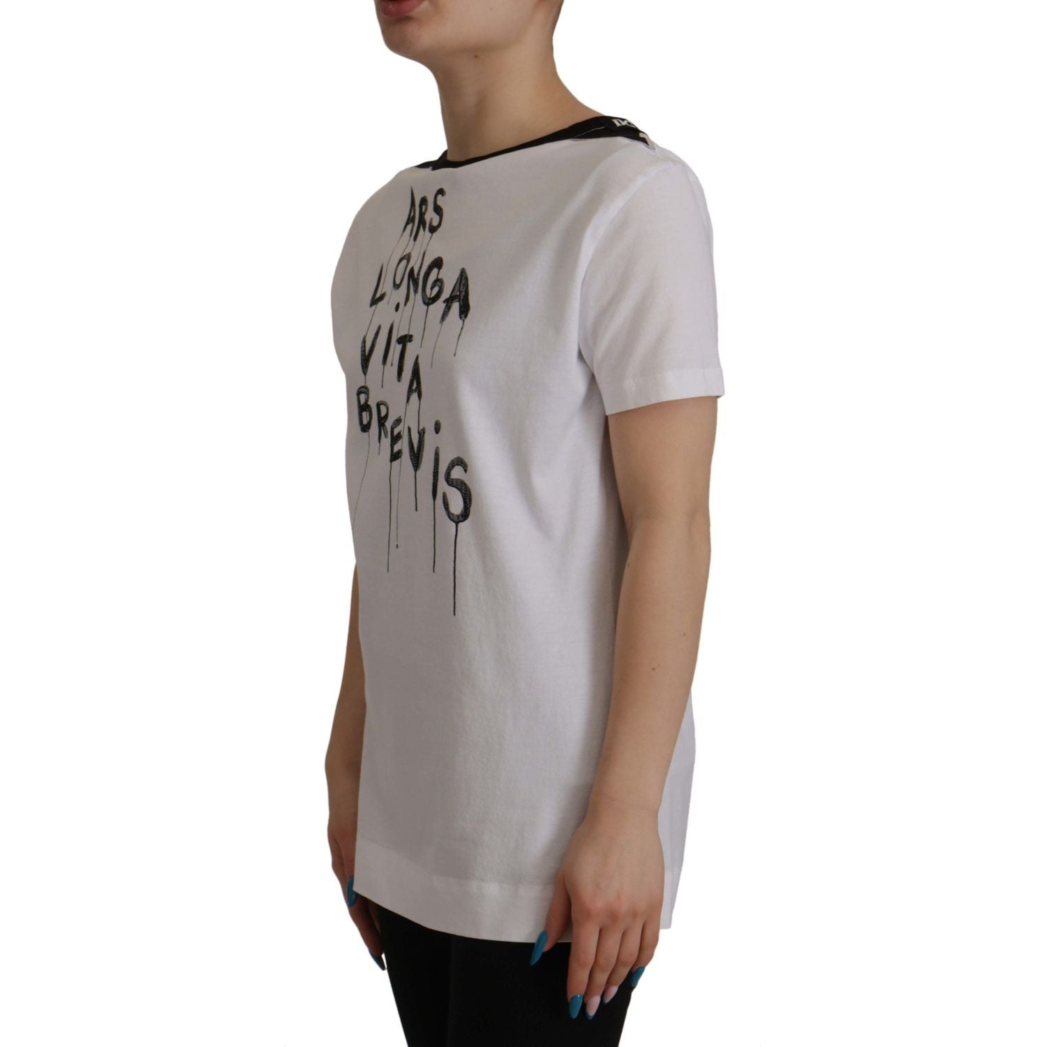 Dolce & Gabbana White Slogan Print Round Neck Cotton  T-shirt