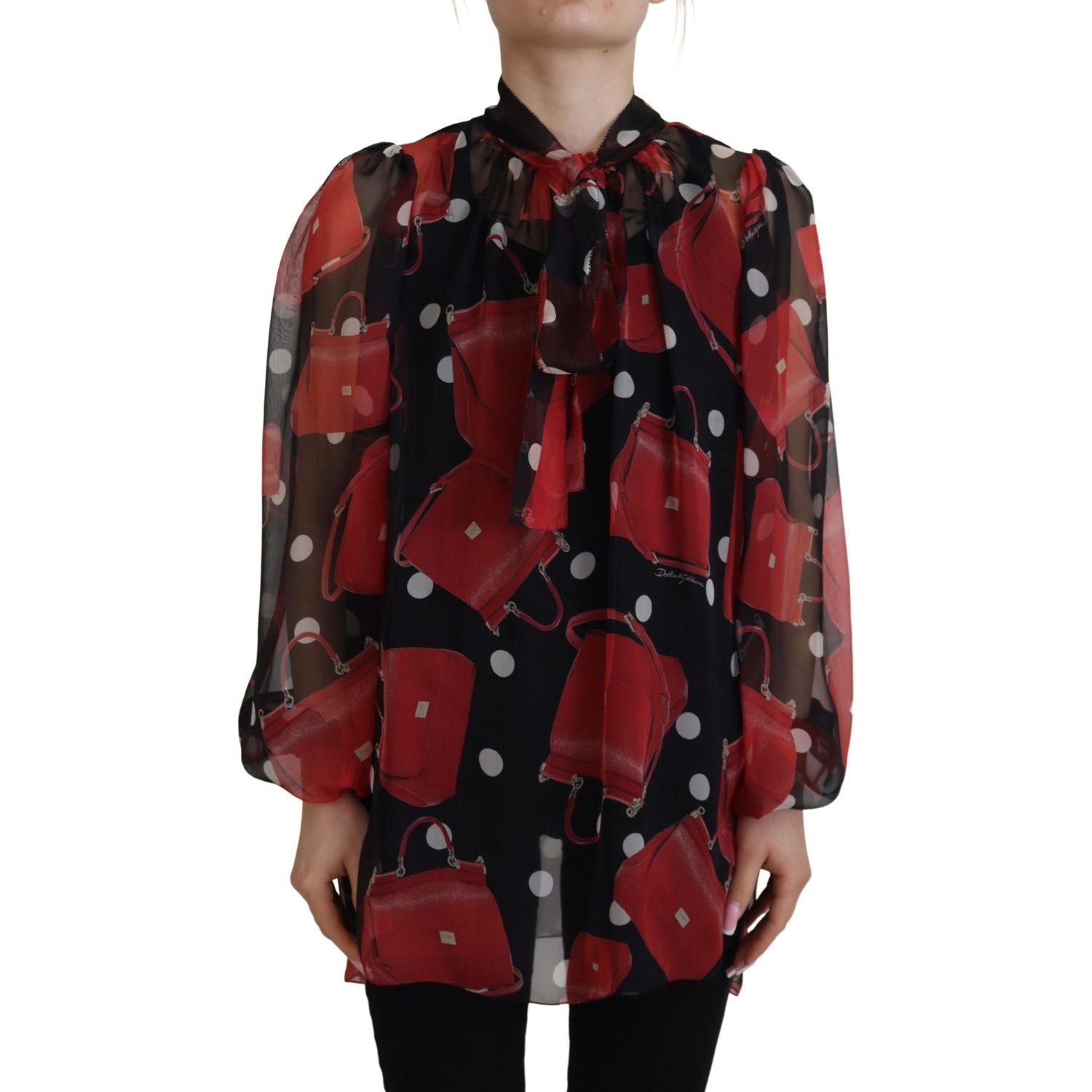 Dolce & Gabbana Black Red Sicily Bag Silk Shirt Top Blouse