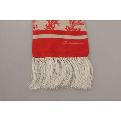 Dolce & Gabbana White Red Coral Print Shawl Wrap Fringe Scarf