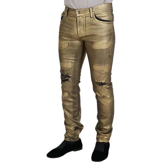 Dolce & Gabbana Gold Cotton Tattered Skinny Men Denim Jeans PAN74266 - 50