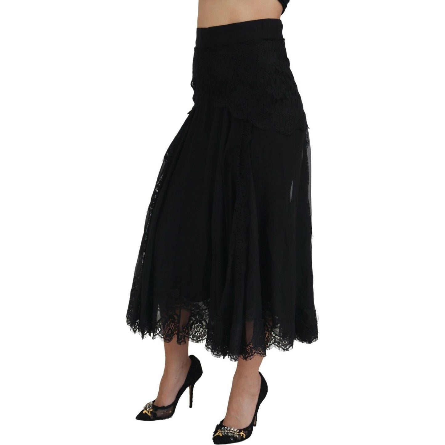 Dolce & Gabbana Black Silk Lace Trim High Waist Midi Skirt Dolce & Gabbana