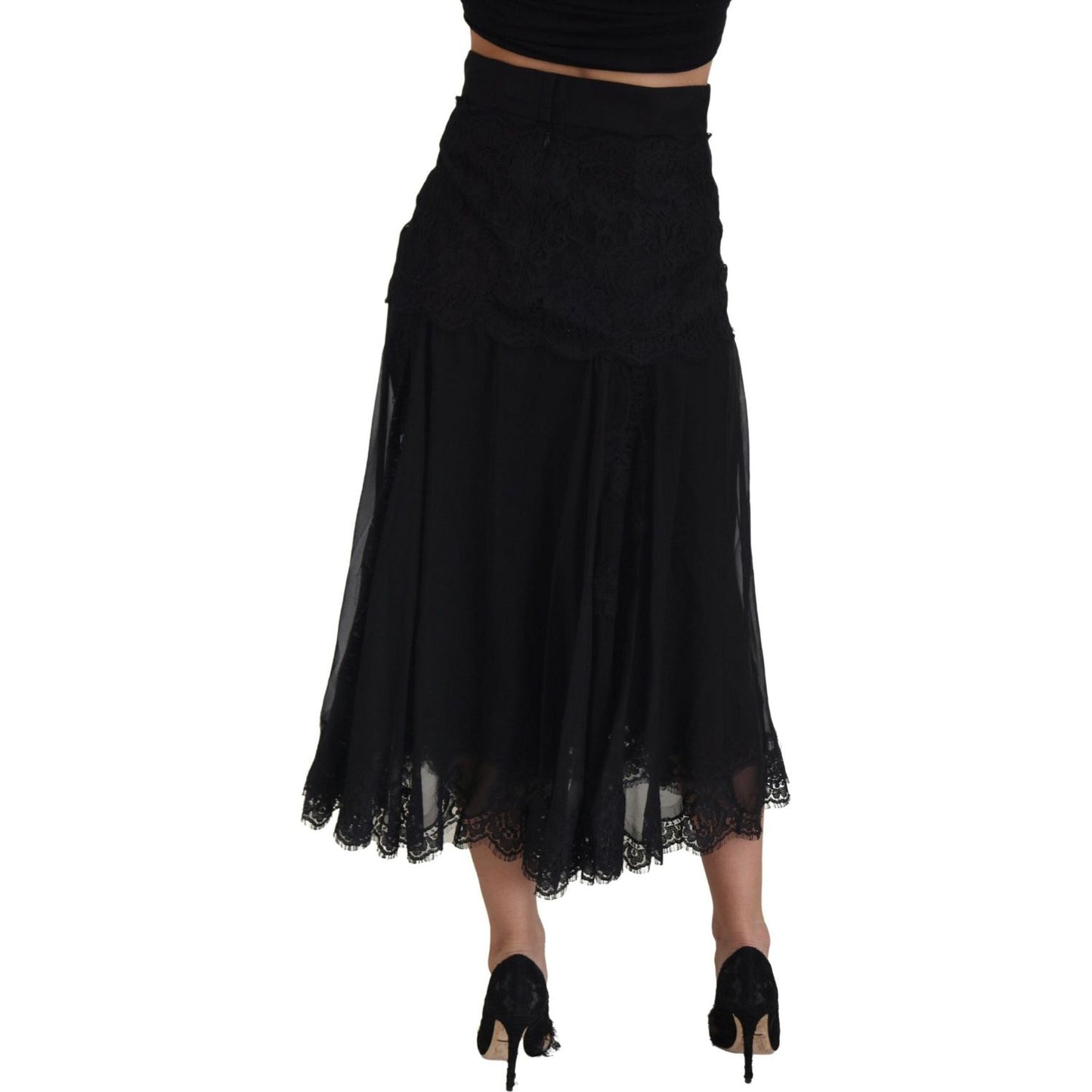 Dolce & Gabbana Black Silk Lace Trim High Waist Midi Skirt Dolce & Gabbana
