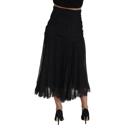 Dolce & Gabbana Black Silk Lace Trim High Waist Midi Skirt Dolce & Gabbana