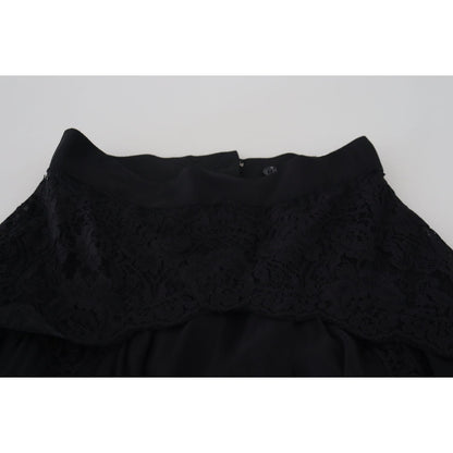 Dolce & Gabbana Black Silk Lace Trim High Waist Midi Skirt Dolce & Gabbana